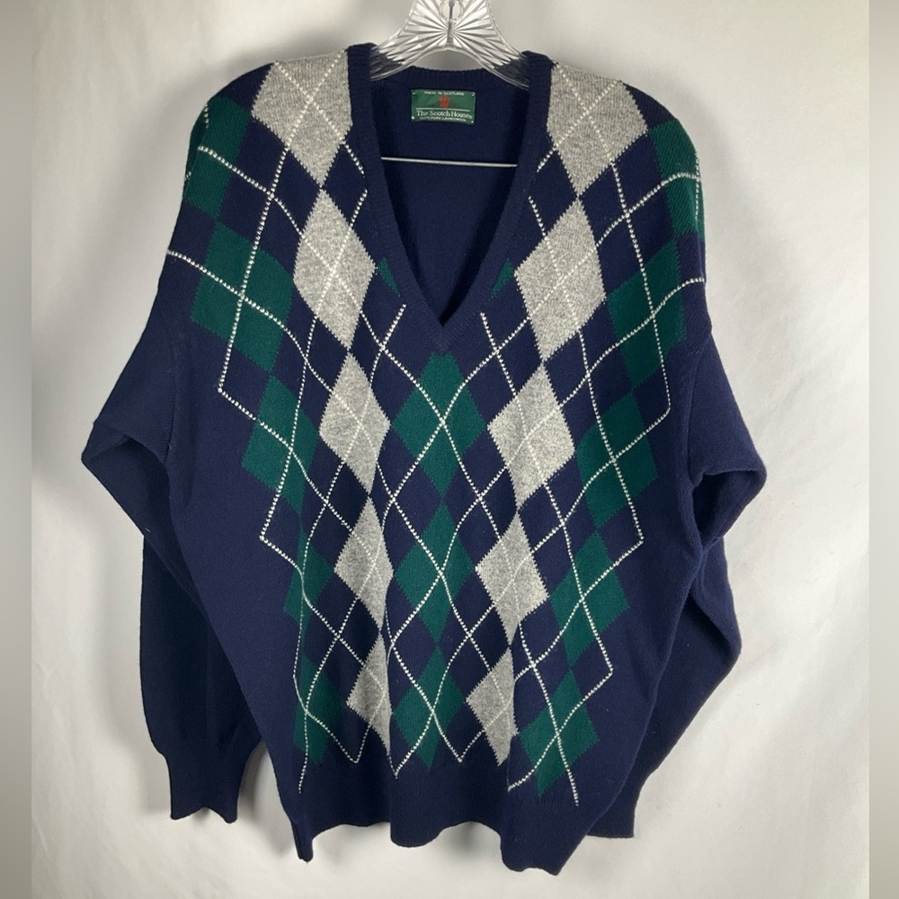 The Scotch House Vtg Mens Size XL Blue Gray Green Lambswool Argyle‎ Sweater